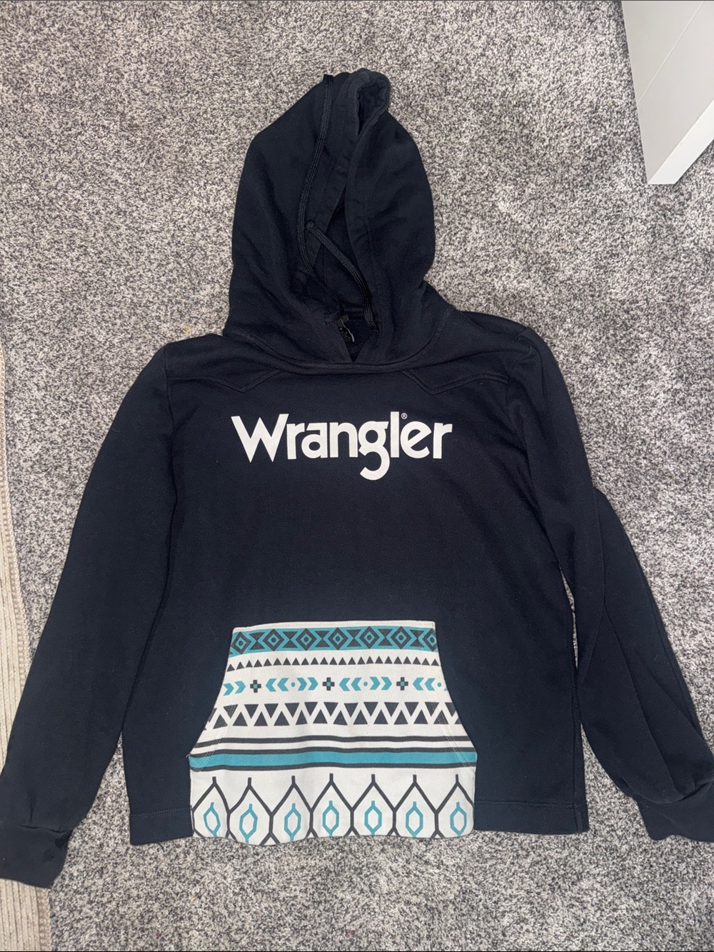 Wrangler Black Hoodie with Teal & Cream Patterned Pocket